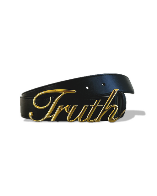 Black belt with gold 'Truth' buckle on a white background. LOVE GOD BIG Christian streetwear clothing brand. New Zealand Faith-based apparel.