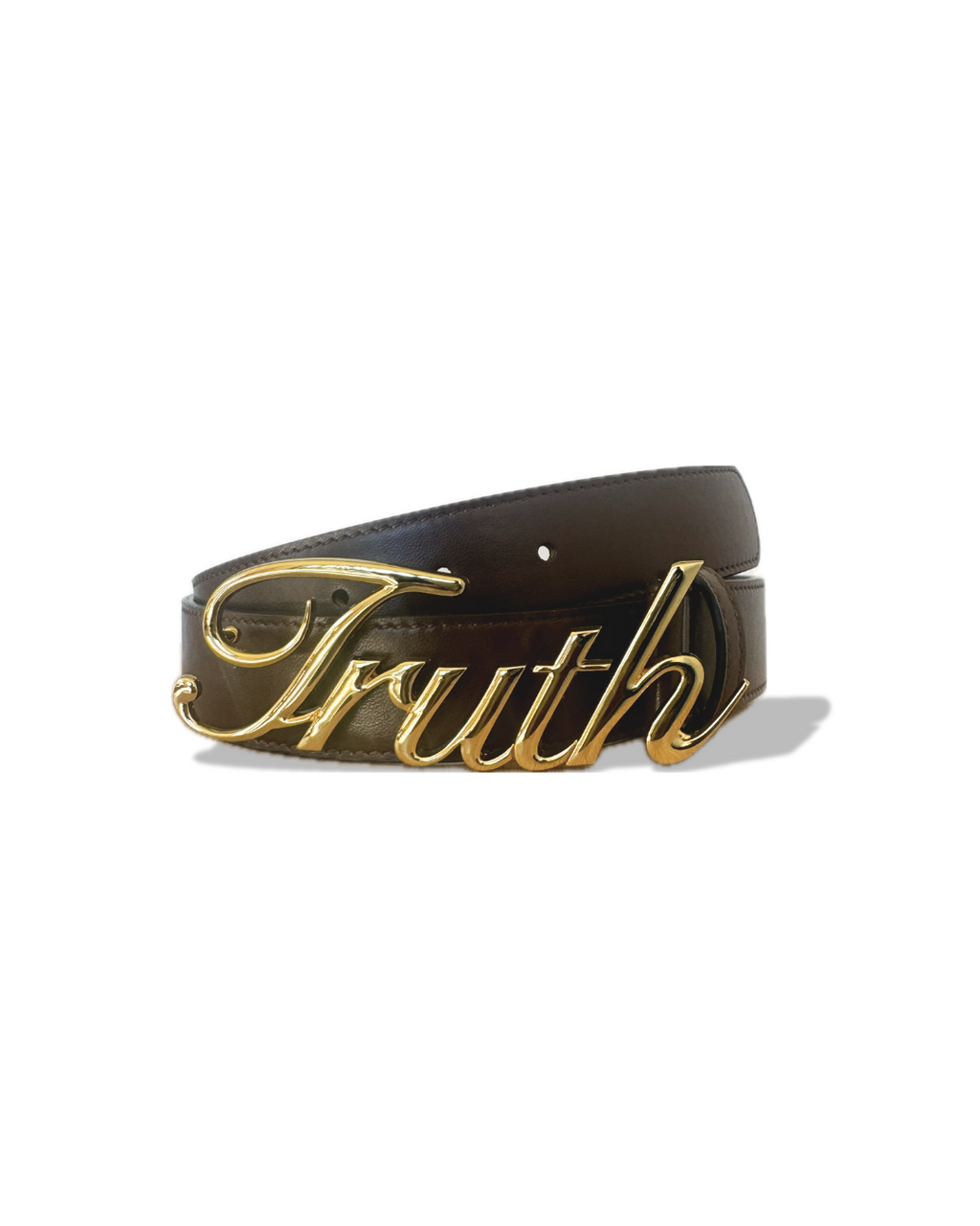 Brown belt with gold 'Truth' buckle on a white background. LOVE GOD BIG Christian streetwear clothing brand. New Zealand Faith-based apparel. Front