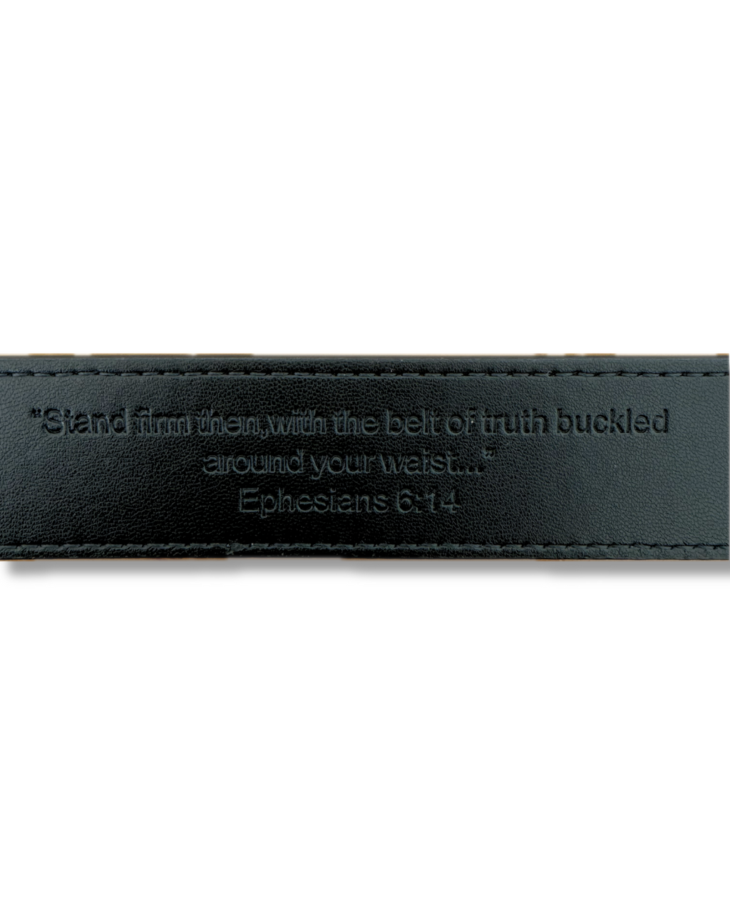 Black leather belt with engraved Ephesians 6:14 verse on a white background. LOVE GOD BIG Christian streetwear clothing brand. New Zealand Faith-based apparel.