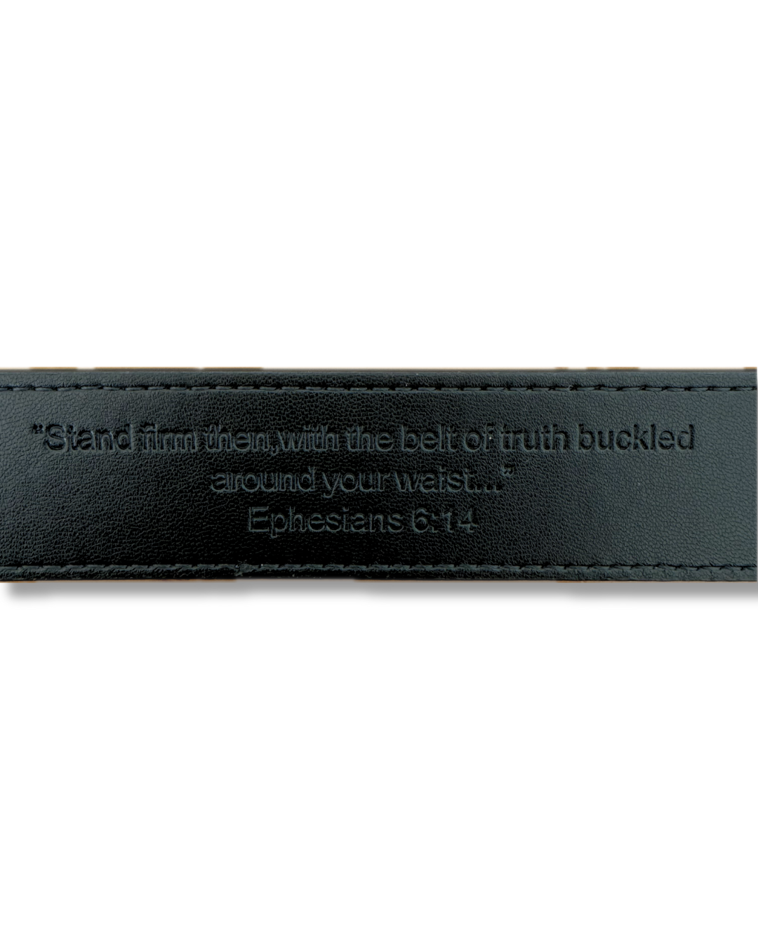 Black leather belt with engraved Ephesians 6:14 verse on a white background. LOVE GOD BIG Christian streetwear clothing brand. New Zealand Faith-based apparel.