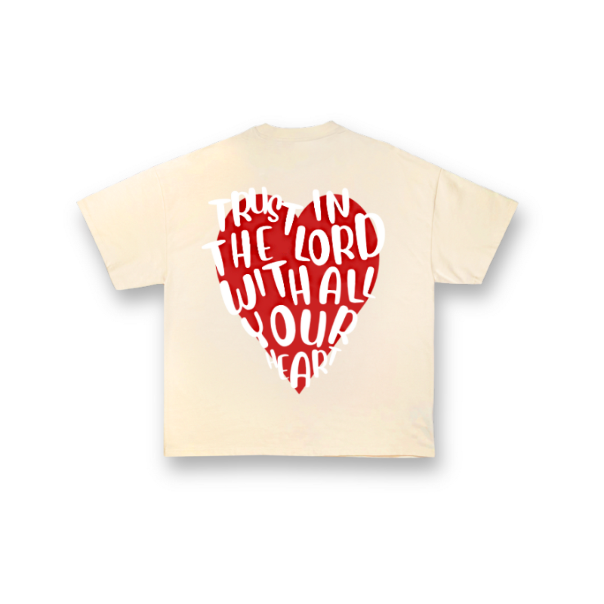  Proverbs 3:5 Tee in Cream with red heart. Christian clothing printed in New Zealand. Back side. Streetwear. Free delivery. Stylish. Fashionable. Faith-based apparel. Love God Big. 