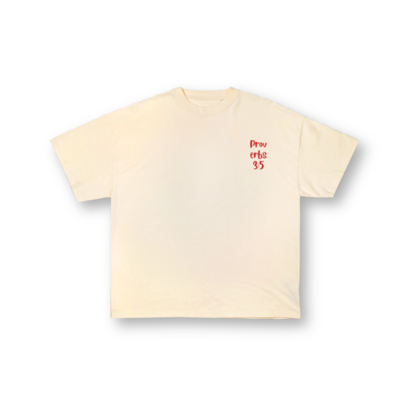 Proverbs 3:5 Tee in Cream with red heart. Christian clothing printed in New Zealand. Front side. Streetwear. Stylish. Fashionable. Faith-based apparel. Love God Big. 