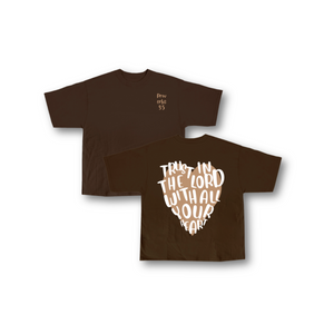 Proverbs 3:5 Tee in Brown with beige heart. Christian clothing printed in New Zealand. Front and Back side. Love God Big. Stylish. Fashionable. Faith-based apparel. 