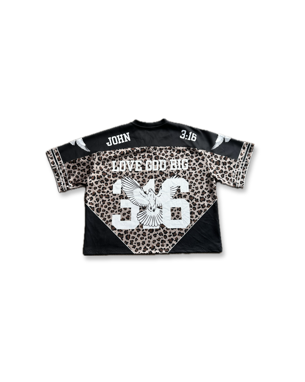 Saviour Football Jersey in Black from LOVE GOD BIG. Back flat lay. Designed in New Zealand.