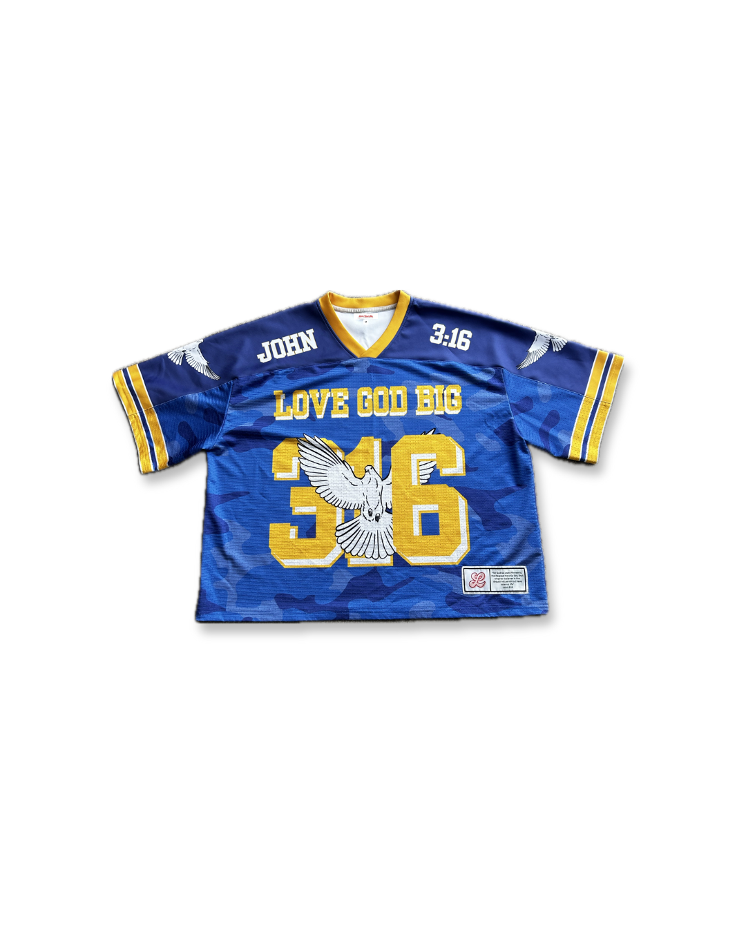 Saviour Football Jersey in Blue from LOVE GOD BIG. Front flat lay. Designed in New Zealand.