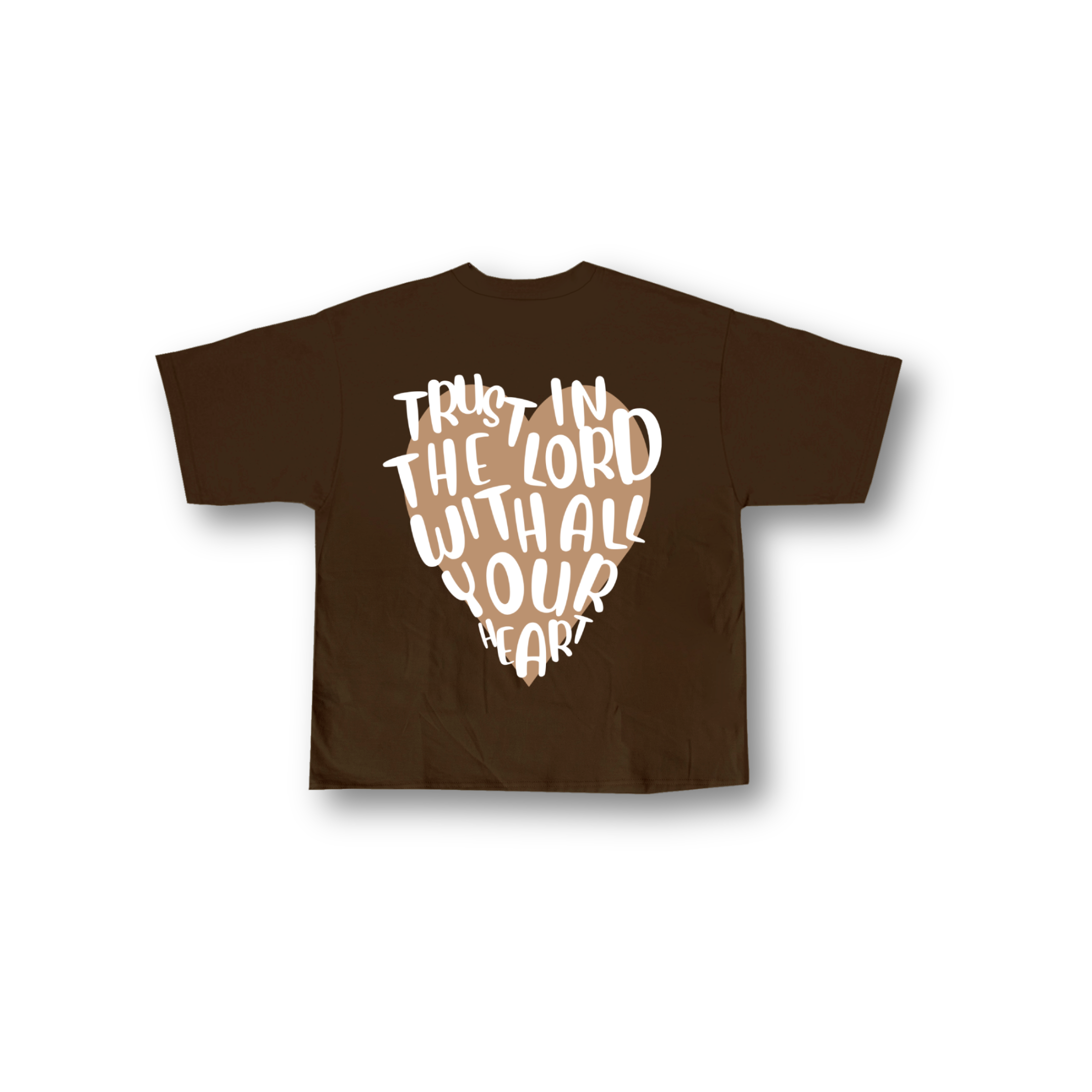 Proverbs 3:5 Tee in Brown with beige heart. Christian clothing printed in New Zealand. Back side. Love God Big. Stylish. Fashionable. Faith-based apparel. 