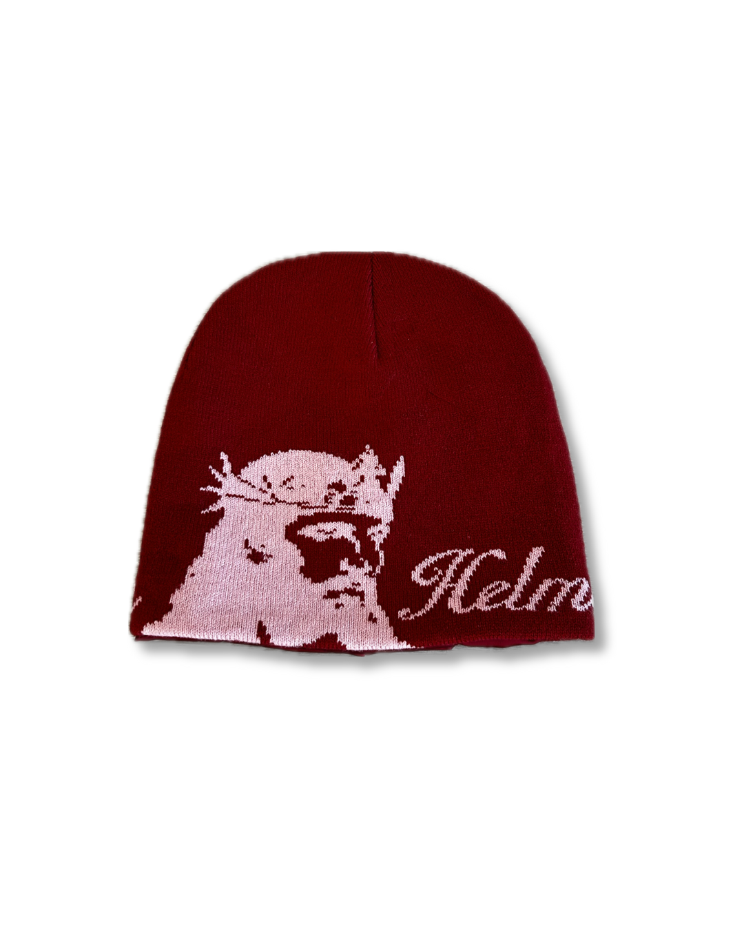 Red beanie with a Jesus and Helmet of Salvation on a white background. LOVE GOD BIG Christian clothing brand streetwear faith-based apparel.