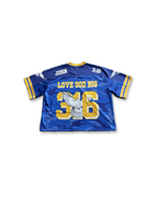 Saviour Football Jersey in Blue from LOVE GOD BIG. Back flat lay. Designed in New Zealand.