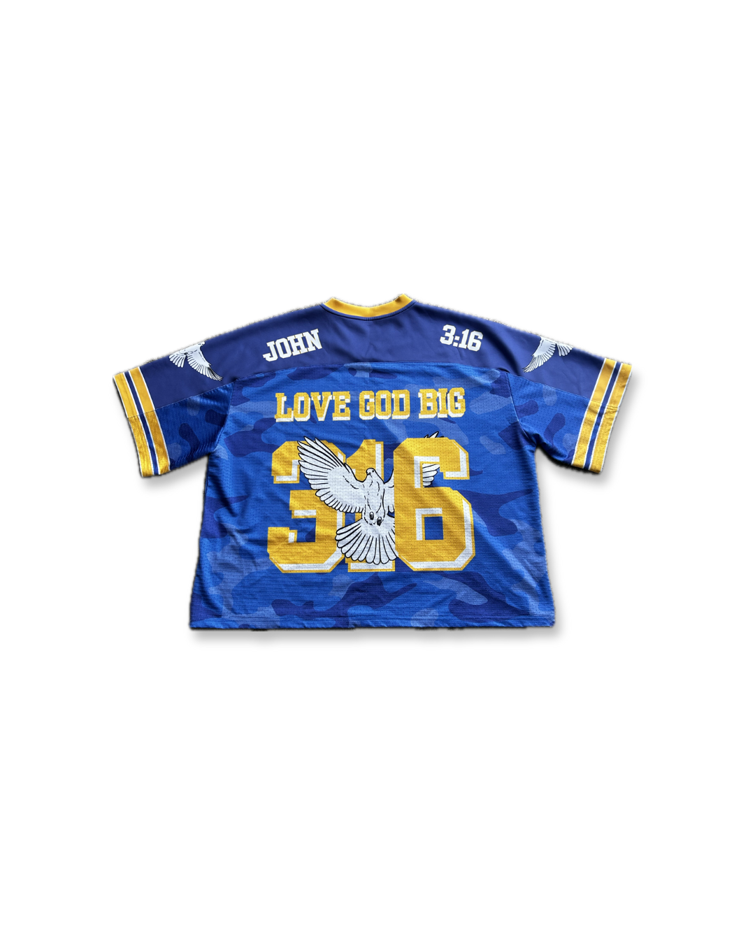 Saviour Football Jersey in Blue from LOVE GOD BIG. Back flat lay. Designed in New Zealand.