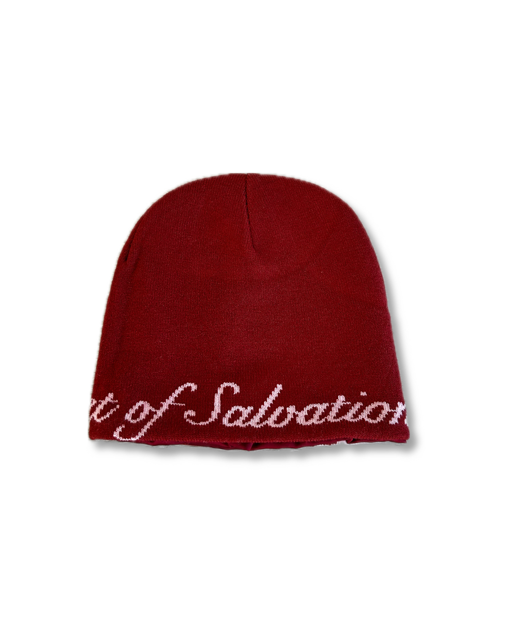Red beanie with helmet of salvation on a white background. LOVE GOD BIG Christian clothing brand streetwear faith-based apparel.
