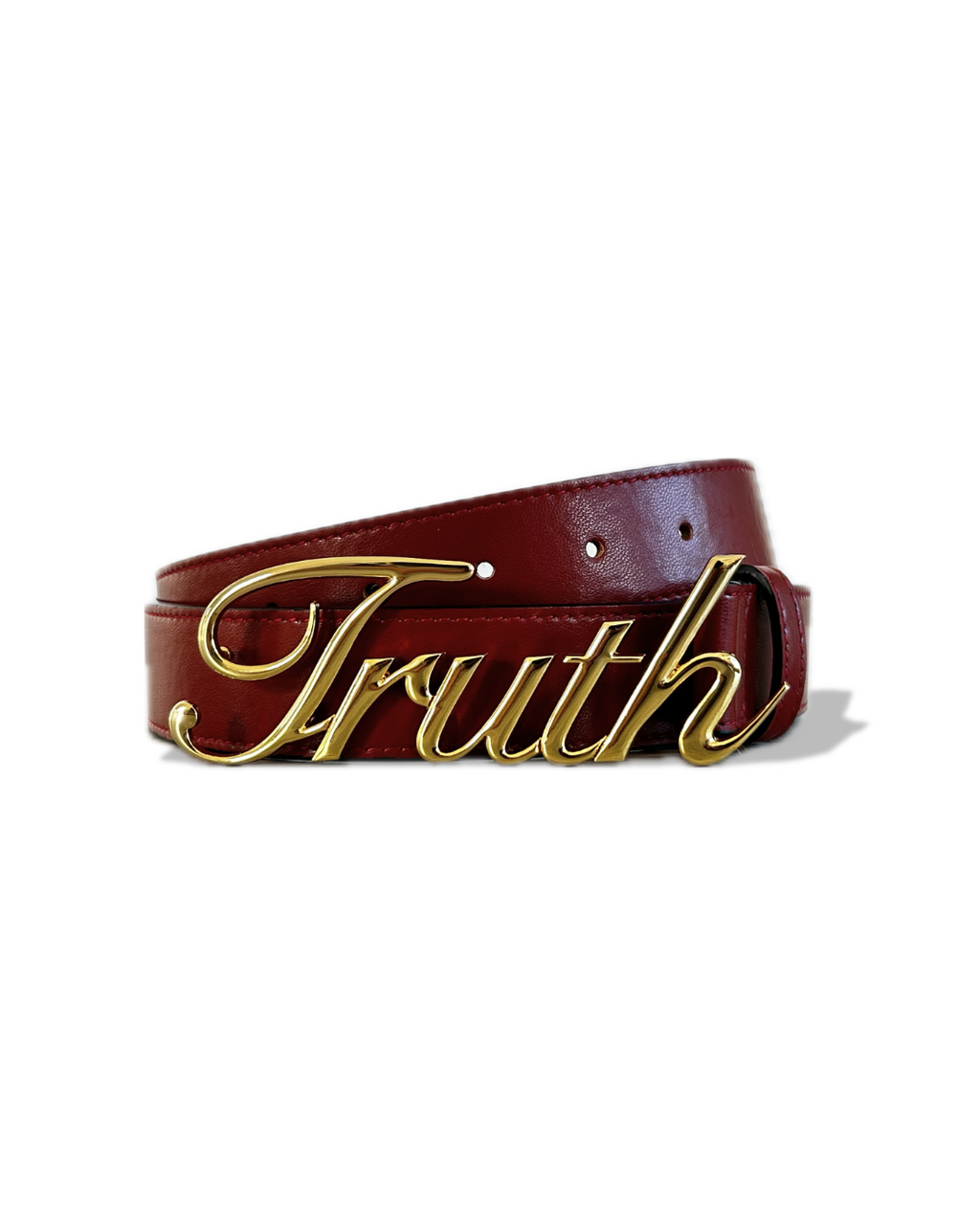 Red leather belt with gold 'Truth' buckle on a white background. LOVE GOD BIG Christian streetwear clothing brand. New Zealand Faith-based apparel.
