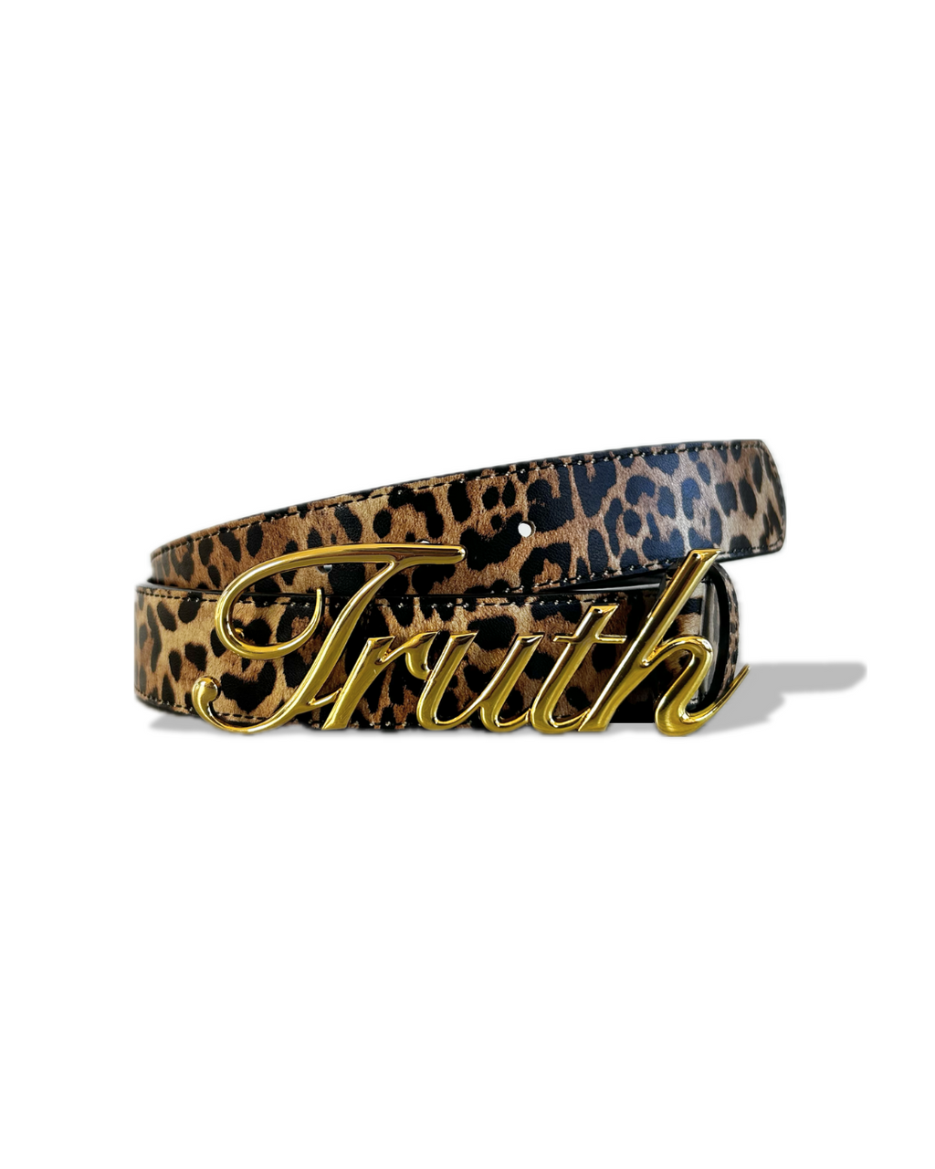 Leopard print Belt of Truth with gold 'Truth' buckle on a white background. LOVE GOD BIG Christian streetwear clothing brand. New Zealand Faith-based apparel.