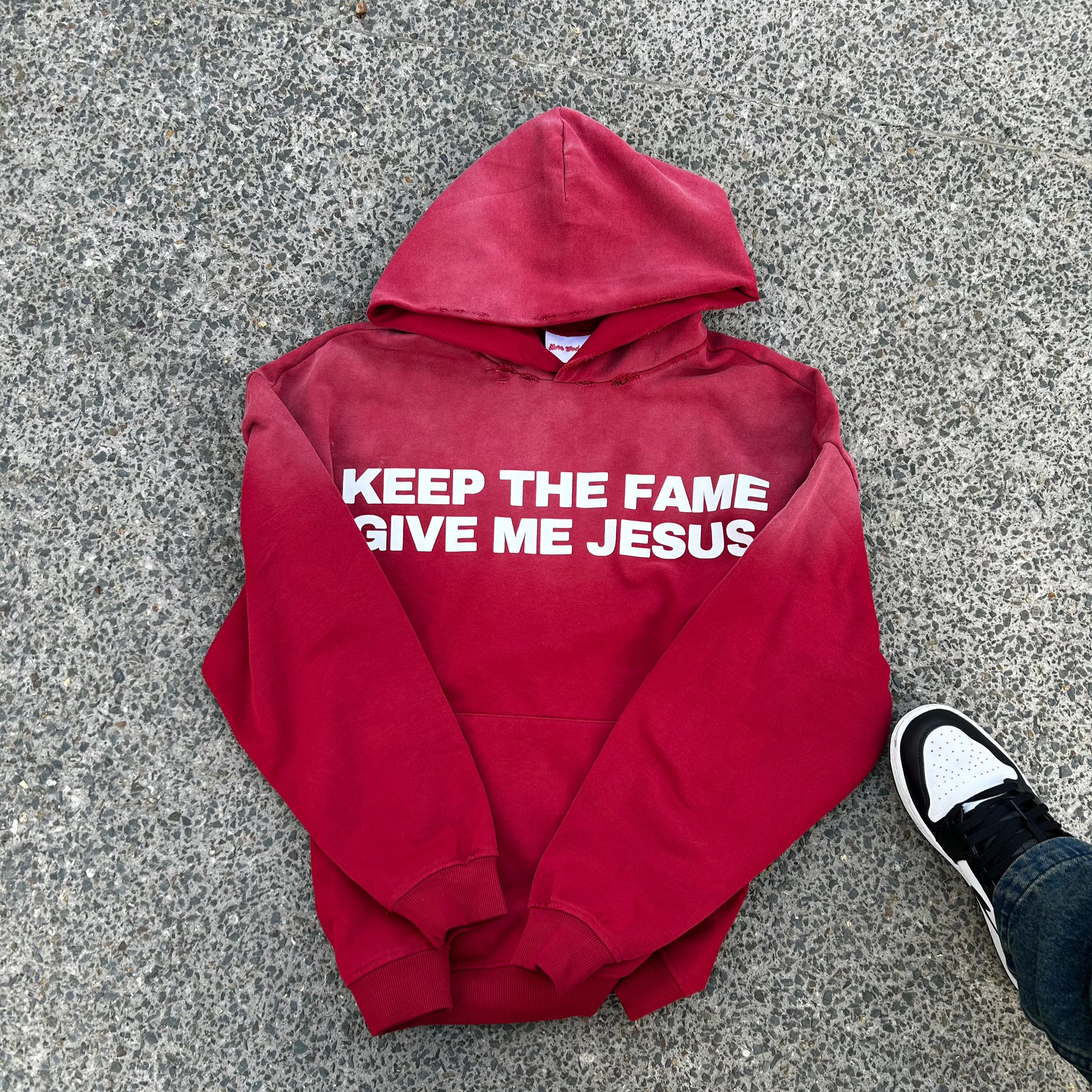 Jesus vs fame hoodie. Christian clothing New Zealand. Small business. Red gradient hoodie. Front. 