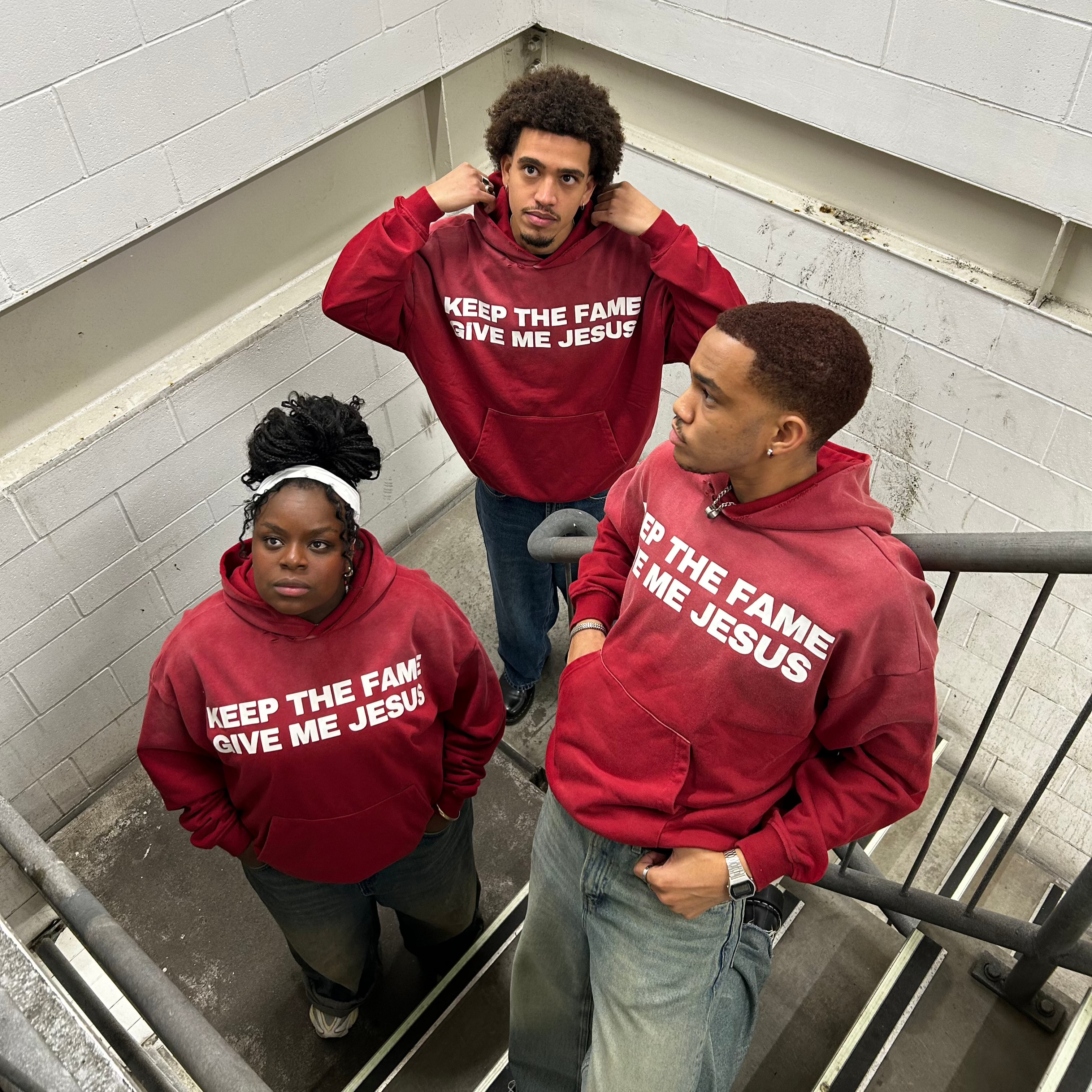 Front Red washed gradient oversized hoodie. distressed neck collar. Front pocket. 100% cotton. soft terry cotton inner. screenprinted logo "Keep the Fame Give me Jesus". Galatians 1:10. 