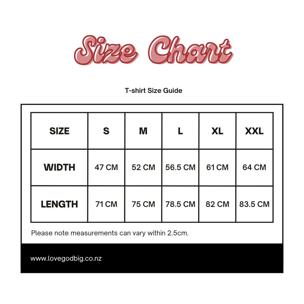 Love God Big Size Chart. Free shipping in New Zealand. Christian clothing. 