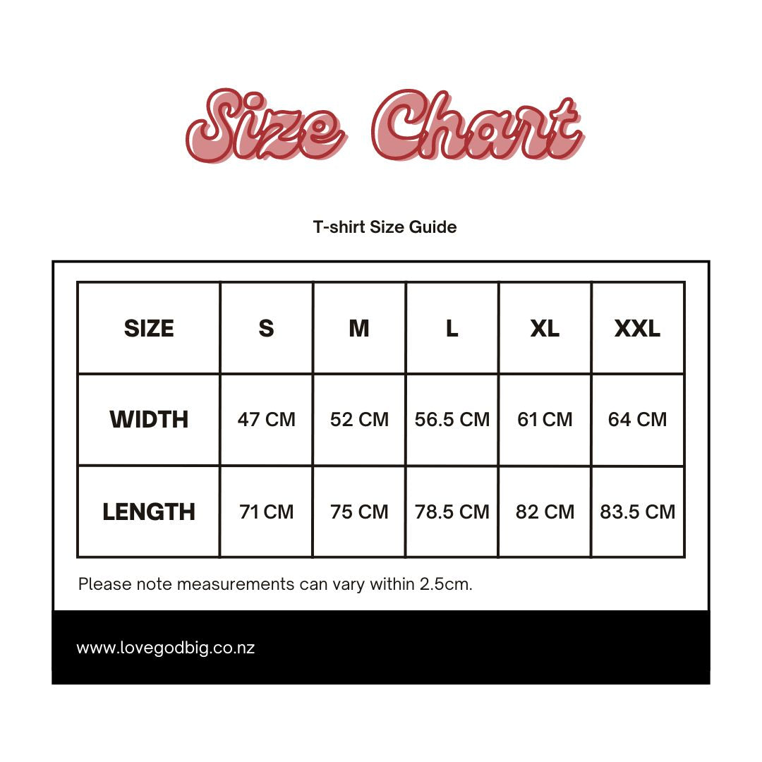 Love God Big Size Chart. Free shipping in New Zealand. Christian clothing. 