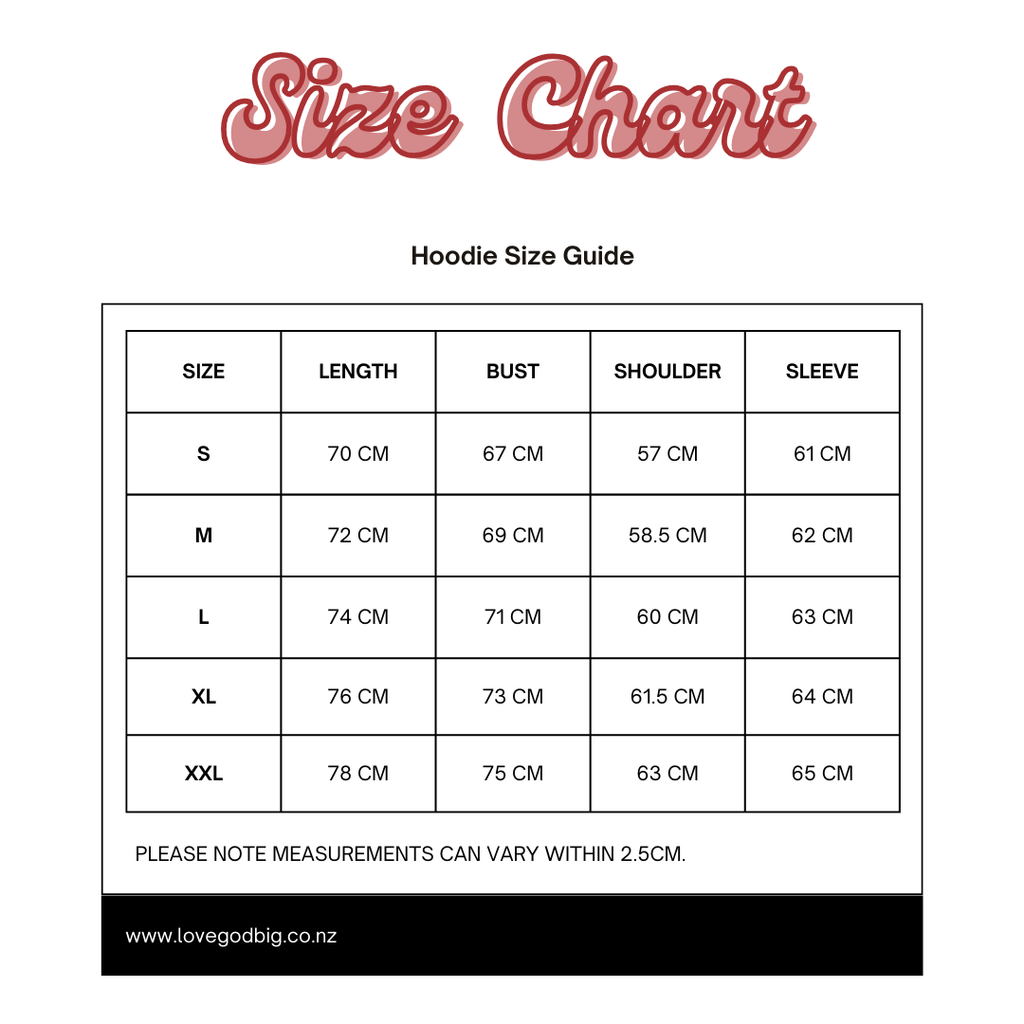 Jesus vs fame hoodie. Christian clothing New Zealand. Small business. Red gradient hoodie. Size Chart. Love God Big Limited. 